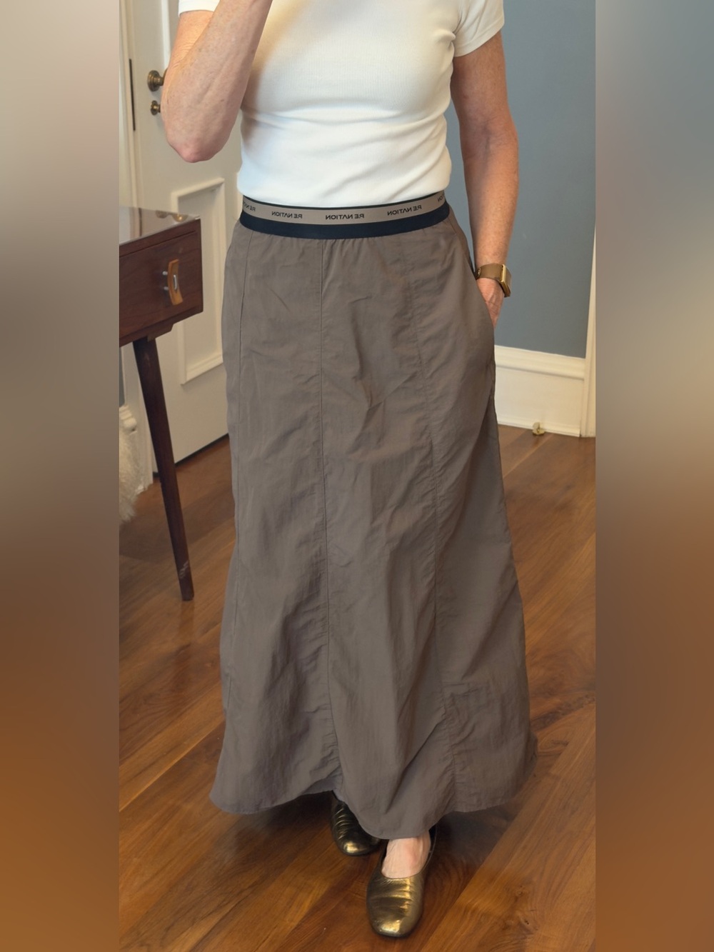P.E Nation Maxi A-Line Skirt in Taupe with Branded Waistband